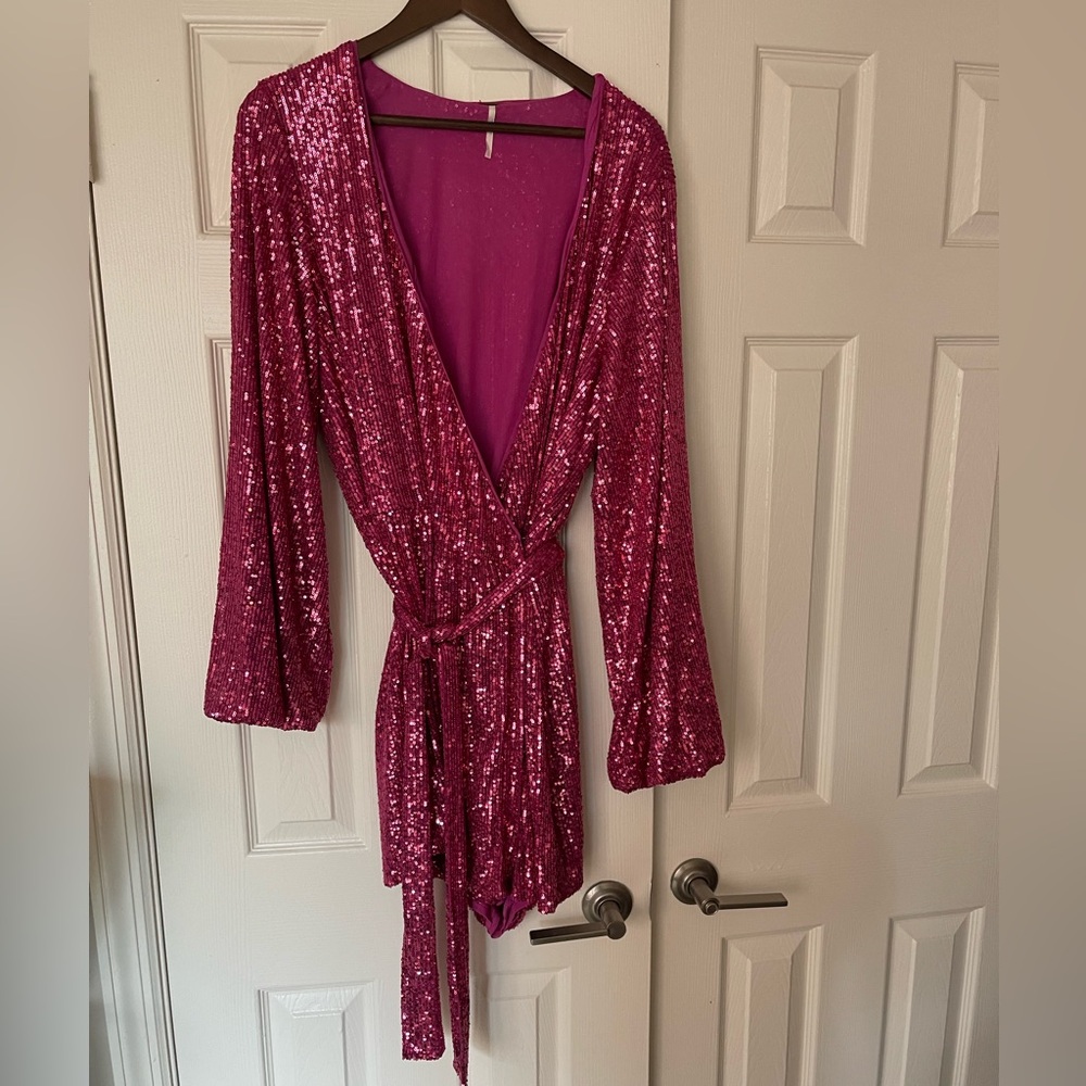 Free People Christa Sequin Long Sleeve Romper